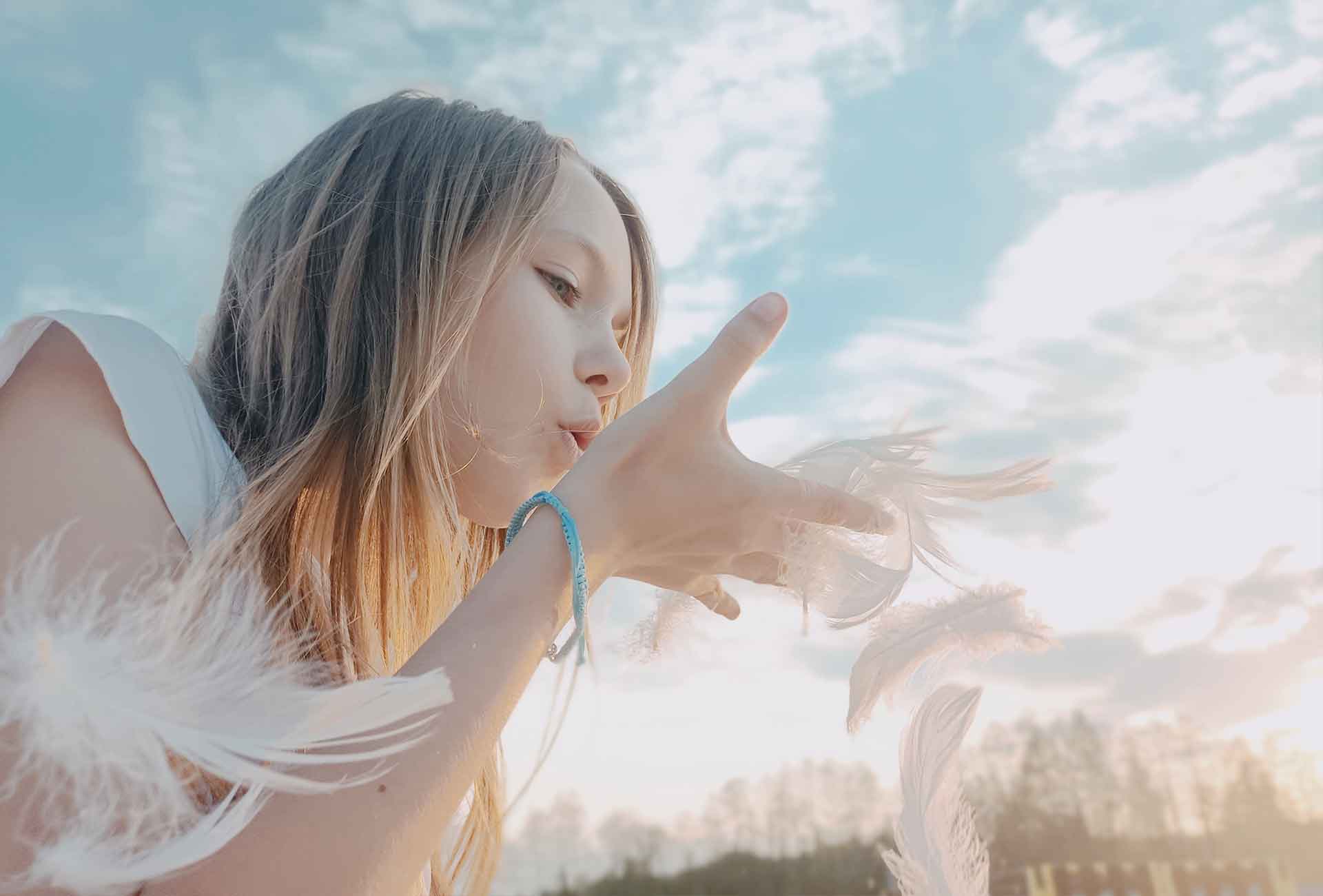 Blowing feathers of a bird in beautiful air