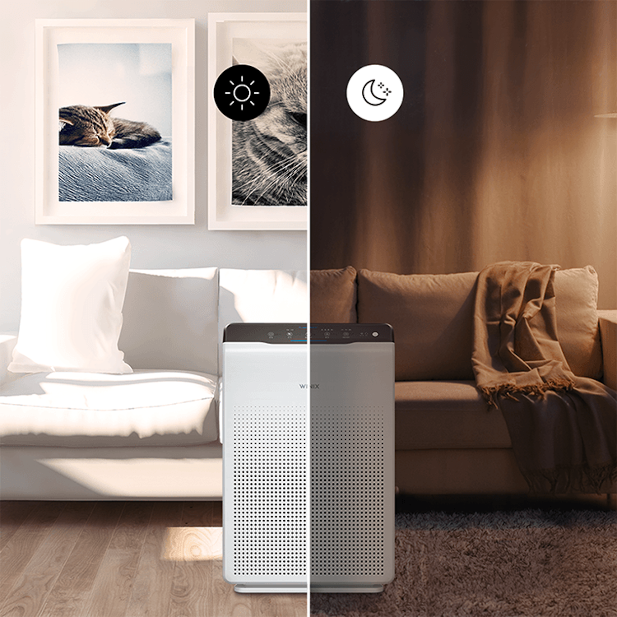WINIX ZERO air purifier — day and night sleep mode comparison